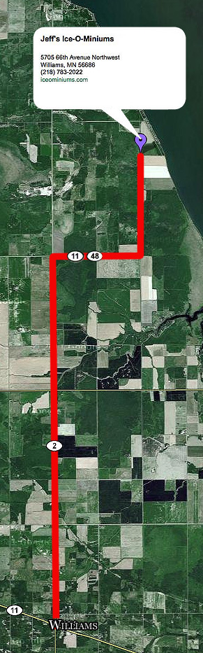 Map to Jeffs Ice-O-Miniums Lake of the Woods Walleye Ice fishing shelter rentals